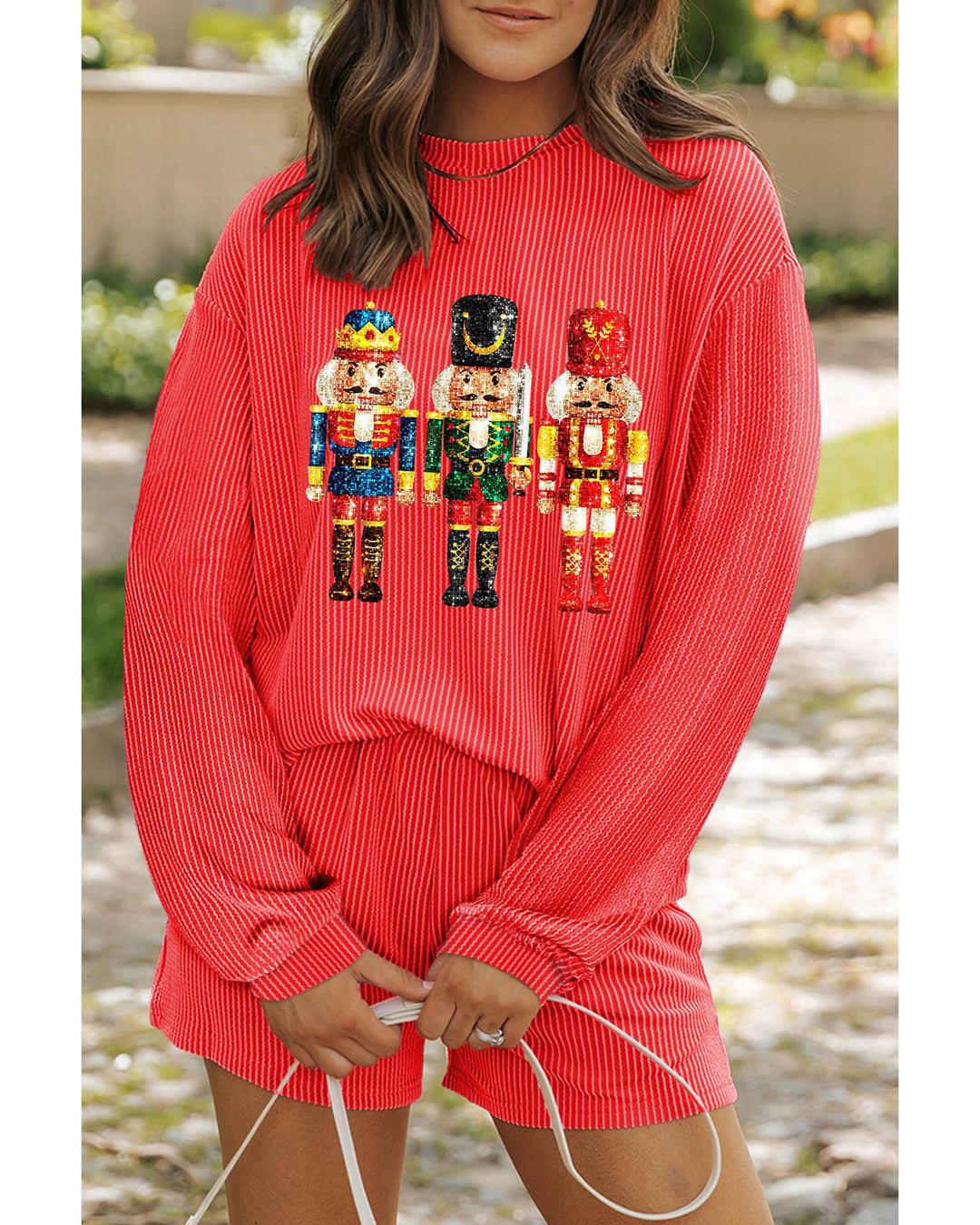 Gold Flame Heat Transfer Christmas Nutcracker Ribbed Long Sleeve Top Shorts Set - L