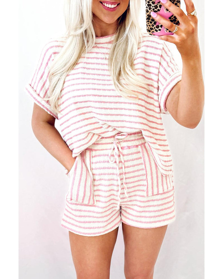 Pink Stripe Knitted Short Sleeve Top and Drawstring Shorts Set - XL