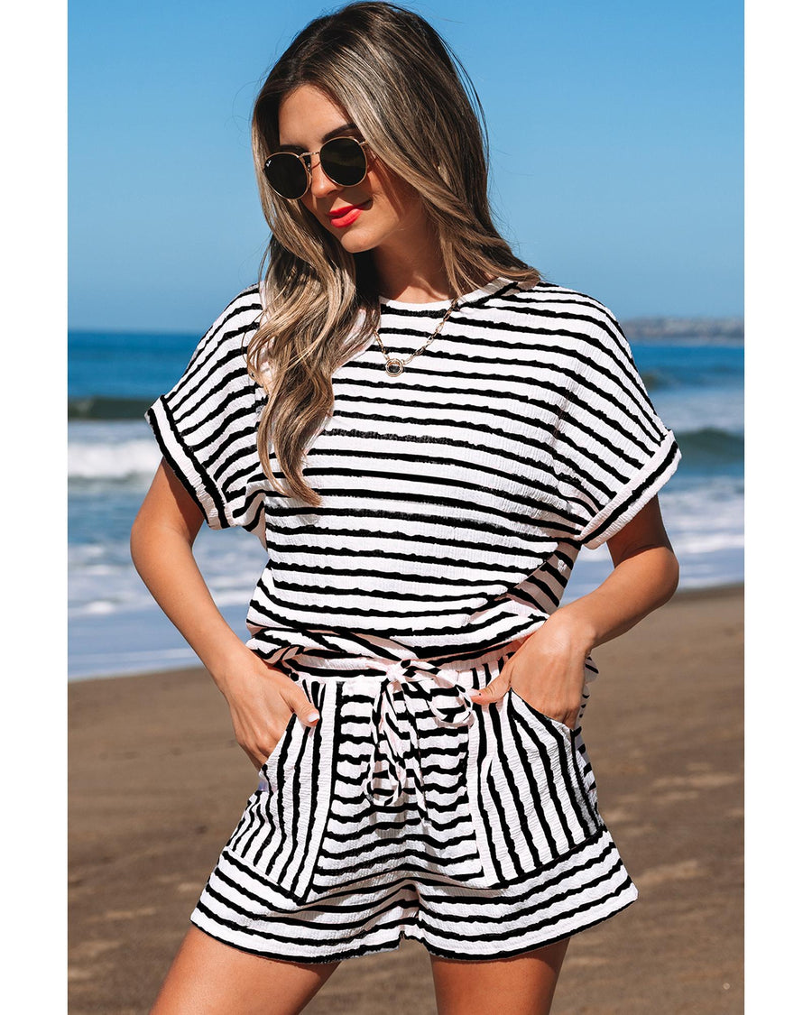 Black Stripe Knitted Short Sleeve Top and Drawstring Shorts Set - M