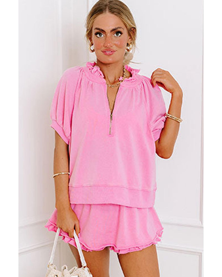 Pink Half Zip Puff Sleeve Top and Ruffled Shorts Set - M
