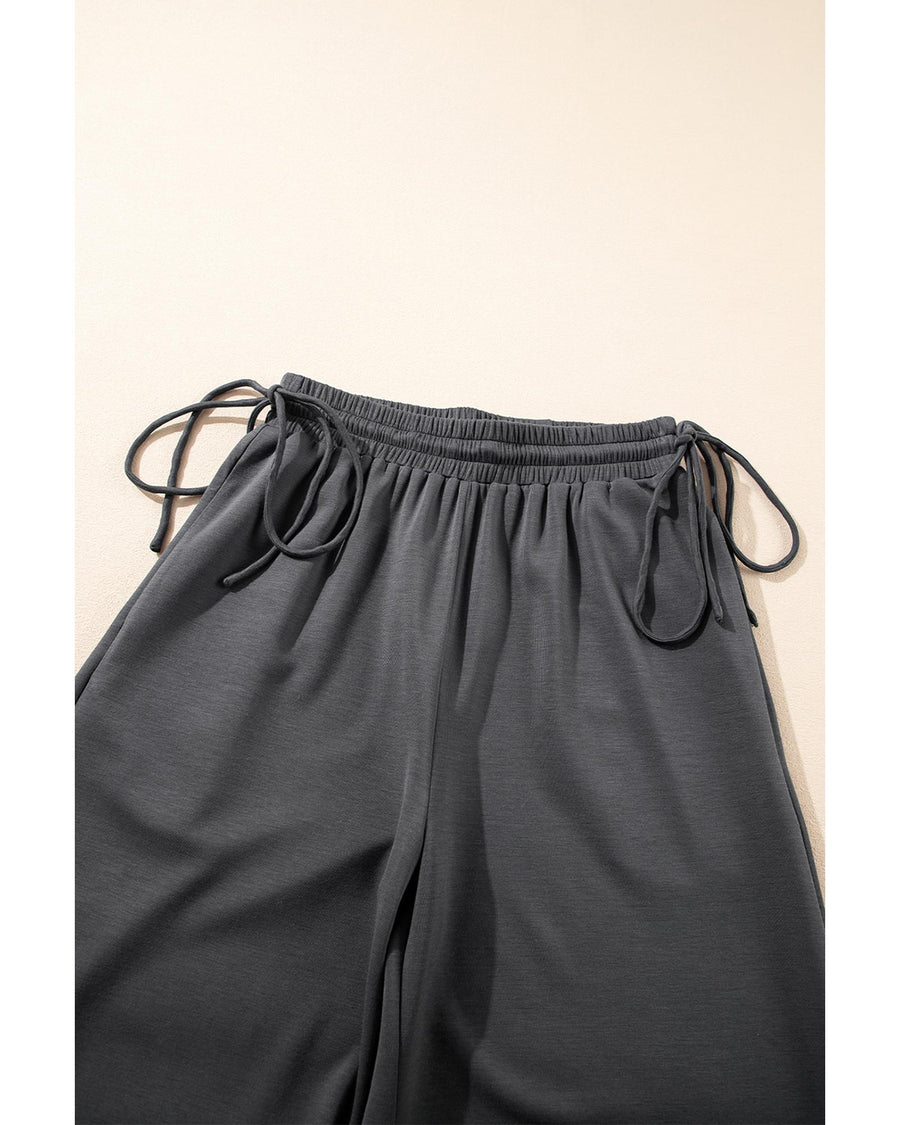 Dark Grey Drawstring Side Crewneck Tee and Loose Pants Set - S