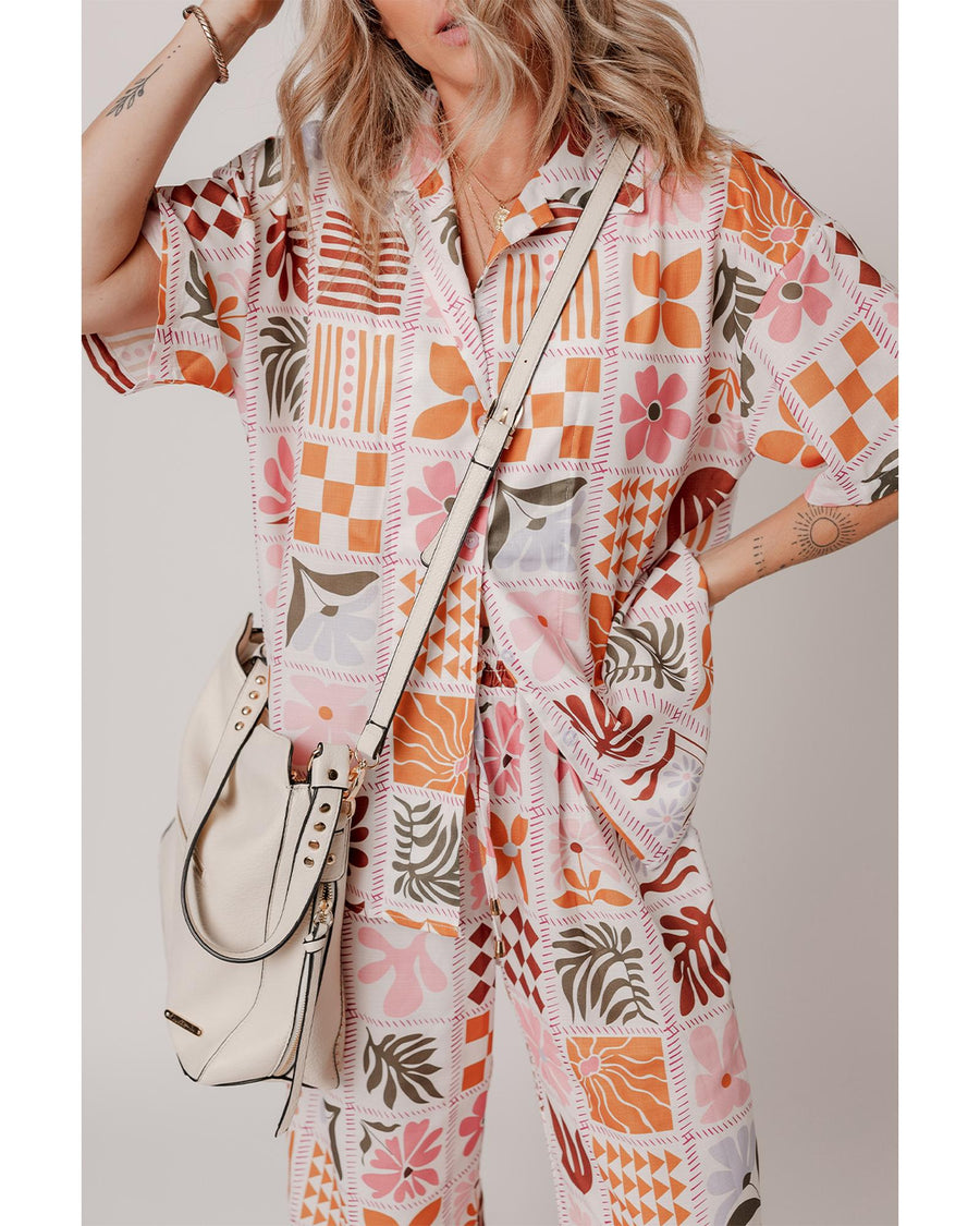 Orange Plant Checkered Print Collared Shirt and Wide Leg Pants Set - L