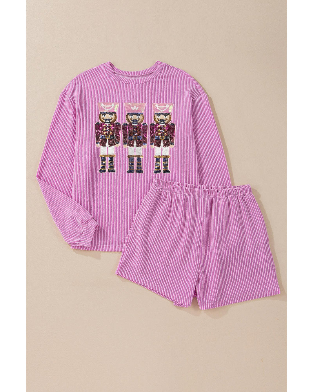 Phalaenopsis Sequin Nutcracker Patched Long Sleeve Corded Christmas Shorts Set - M