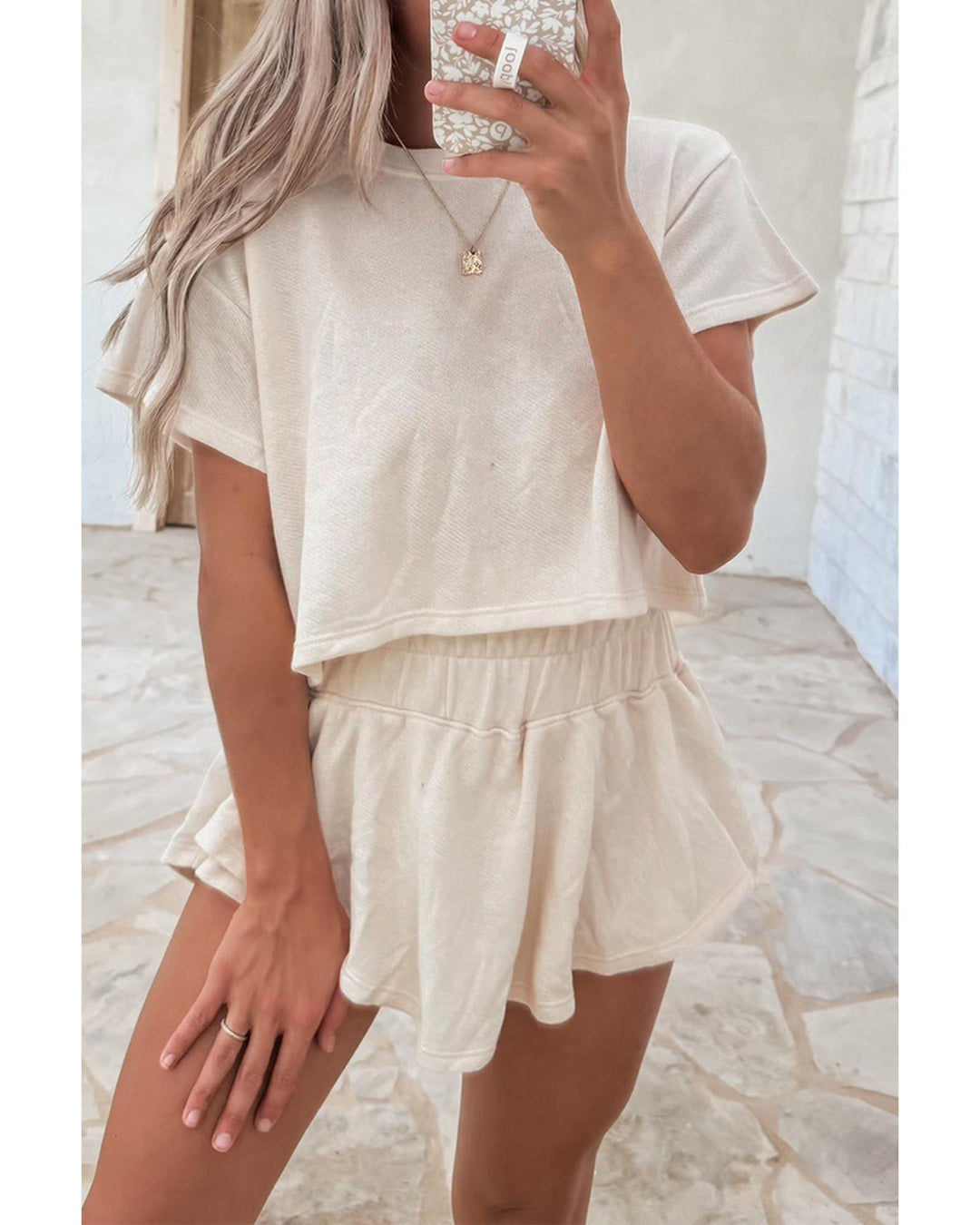 Beige 2pcs Cropped Tee and Ruffle High Waist Skort Set - S