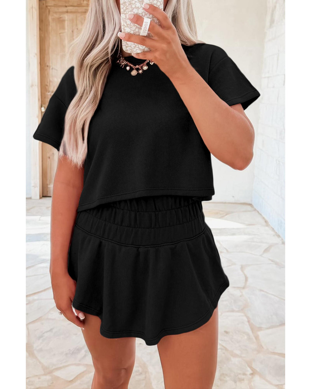 Black 2pcs Cropped Tee and Ruffle High Waist Skort Set - S