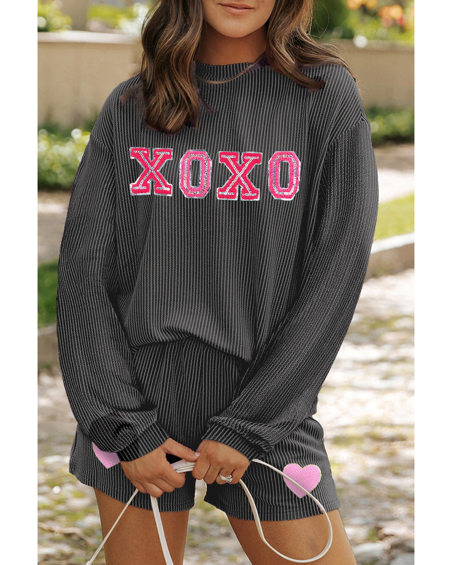 Carbon Grey XOXO Heart Patched Pattern Long Sleeve Corded Shorts Set - M