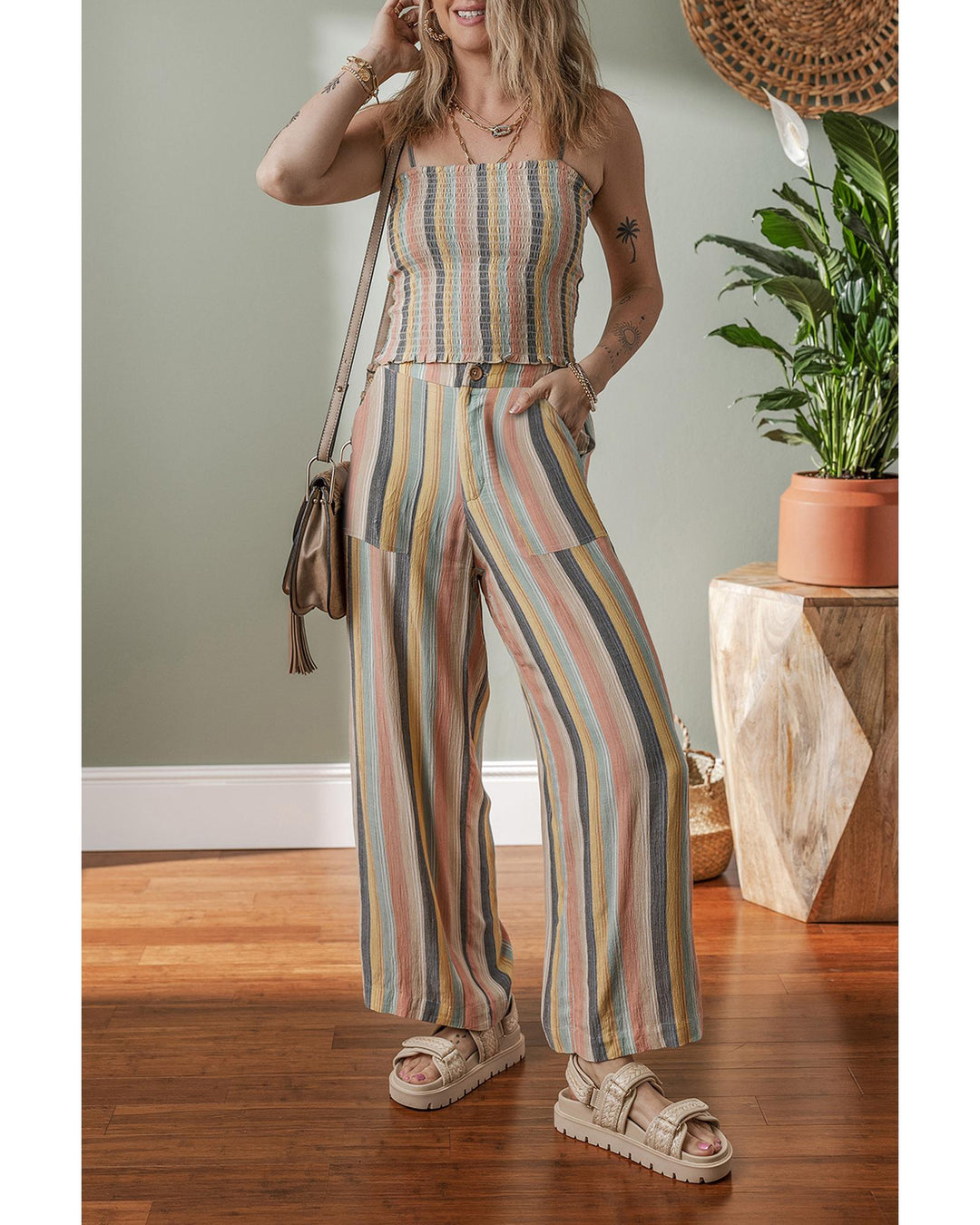 Multicolour Vertical Striped Smocked Cami Top Wide Leg Pants Set - L