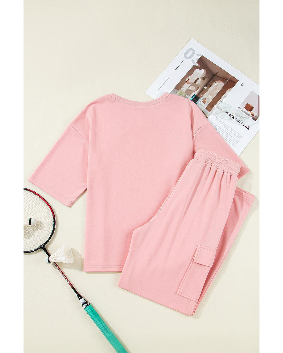 Apricot Pink Half Sleeve T-Shirt & Cargo Sweatpants Set - L