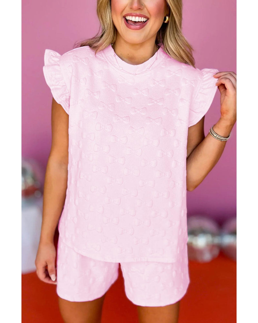 Pink Bow Jacquard Ruffle Sleeve Short 2pcs Outfit - M