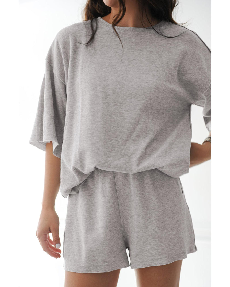 Gray Solid Color Loose Tee 2 Piece Shorts Set - L