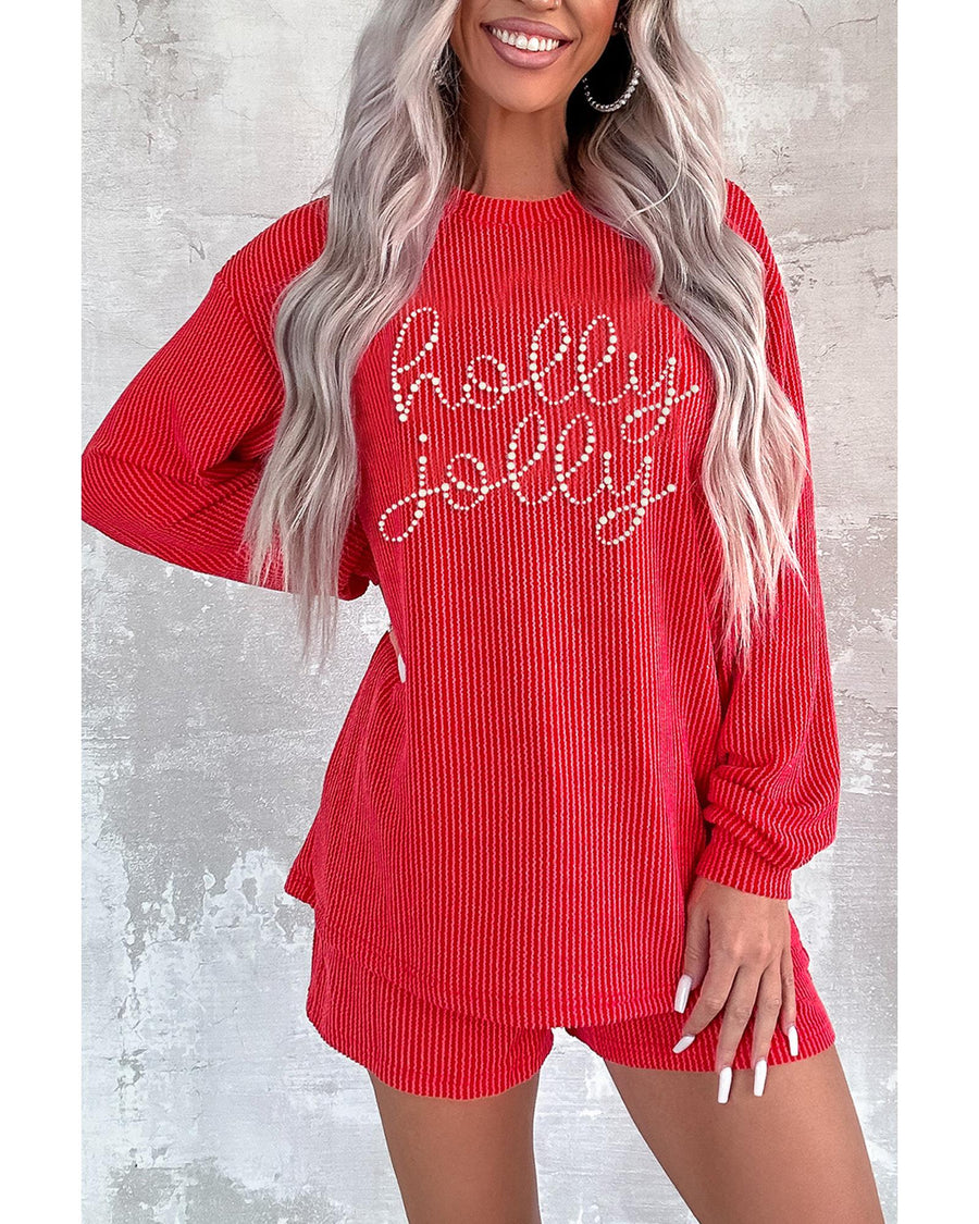 Gold Flame Rhinestone holly jolly Pattern Corded Long Sleeve Top and Shorts Set - S