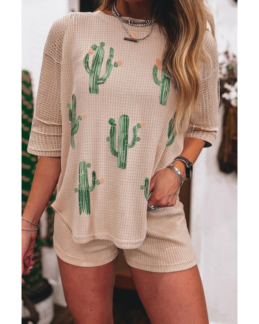Light French Beige Cactus Forest Waffle Half Sleeve Tee Short Set - L