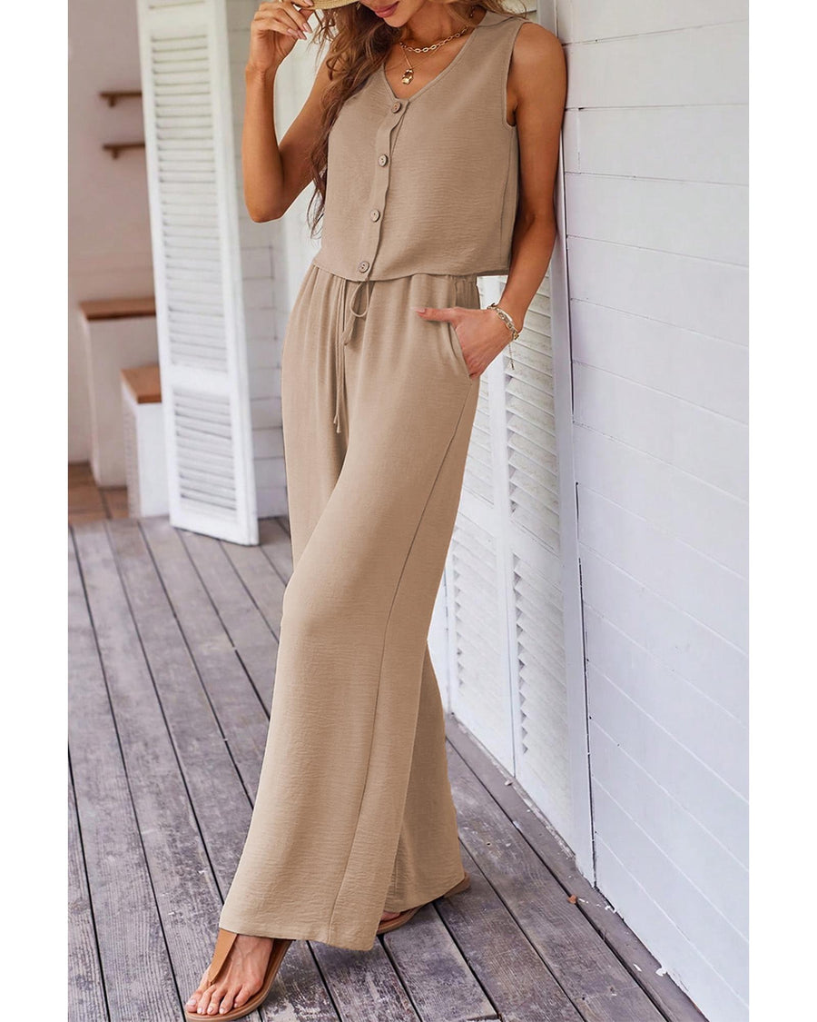 Goat Buttoned Vest Drawstring Wide Leg Pants 2pcs Set - M