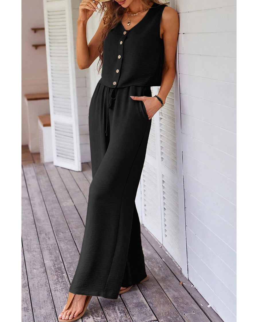 Black Buttoned Vest Drawstring Wide Leg Pants 2pcs Set - XL