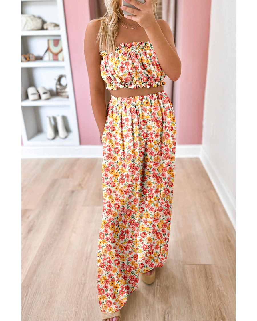 Pink Boho Floral Bandeau Top and High Waist Wide Leg Pants Set - M