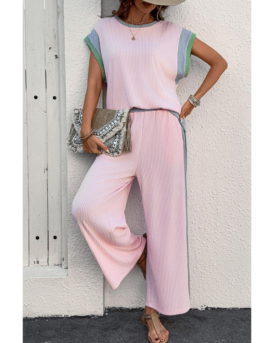 Pink Corded Colorblock Patchwork Short Sleeve Top and Loose Pants Set - L