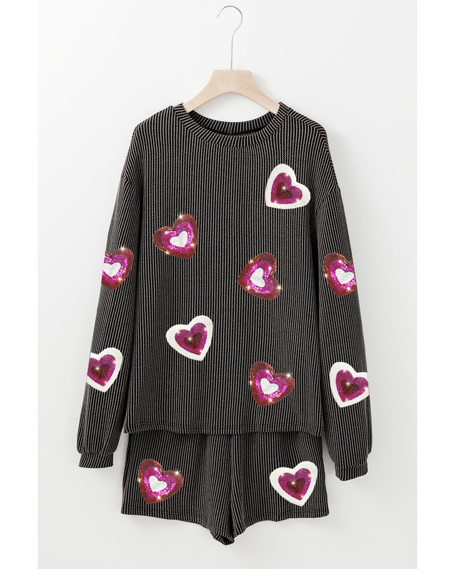 Carbon Grey Valentine Sequin Heart Corded Pullover and Shorts Set - L