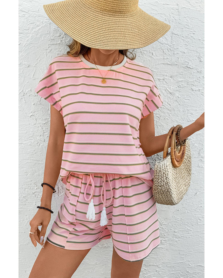 Pink Stripe Wide Short Sleeve Tee and Short Set - M