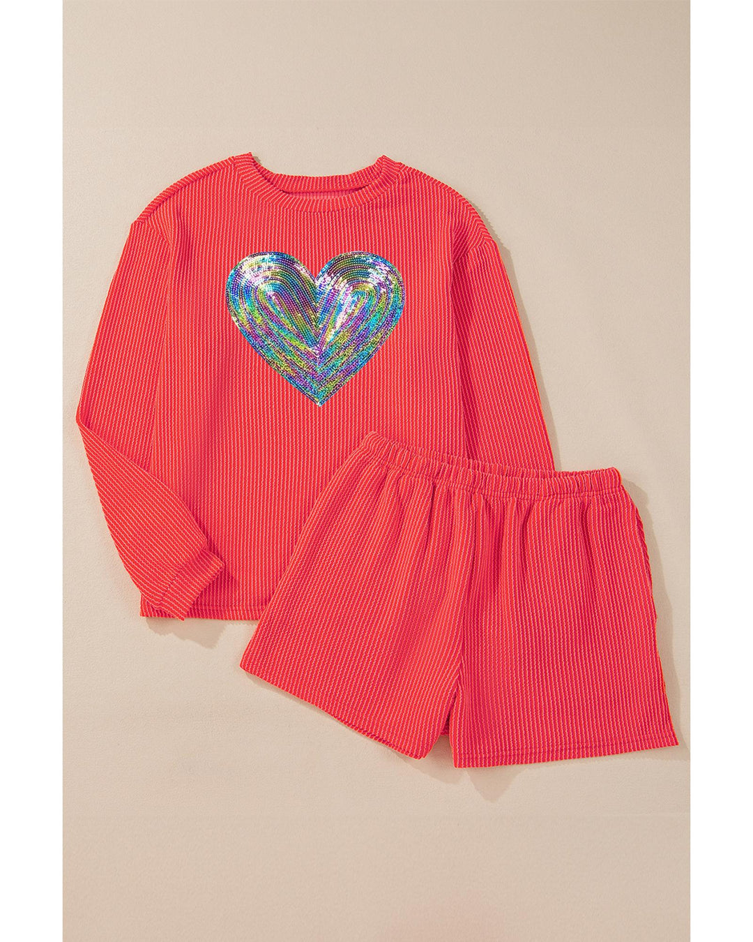 Gold Flame Glittering Heart Graphic Corded Long Sleeve Top 2 Piece Shorts Set - L