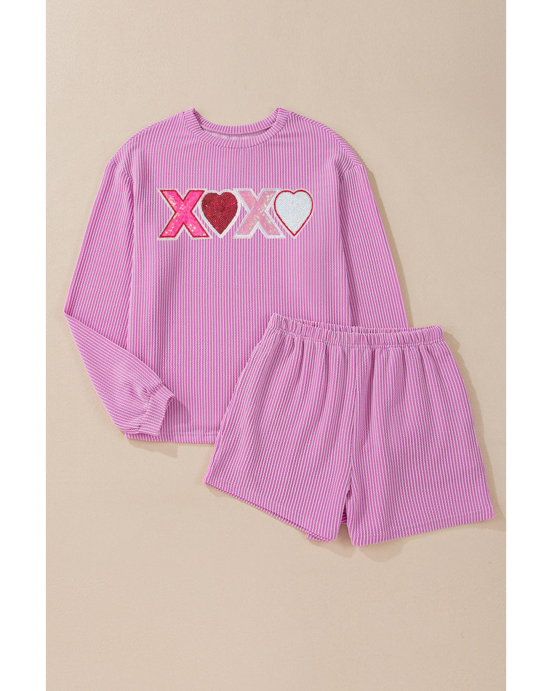 Phalaenopsis Corded Sequined XOXO Heart Valentines Long Sleeve Shorts Set - L