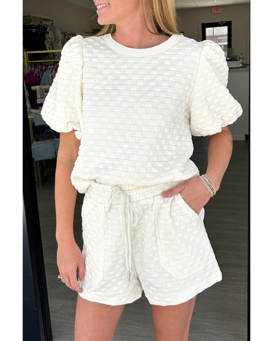 White Solid Color Checkered Texture Short 2pcs Outfit - L