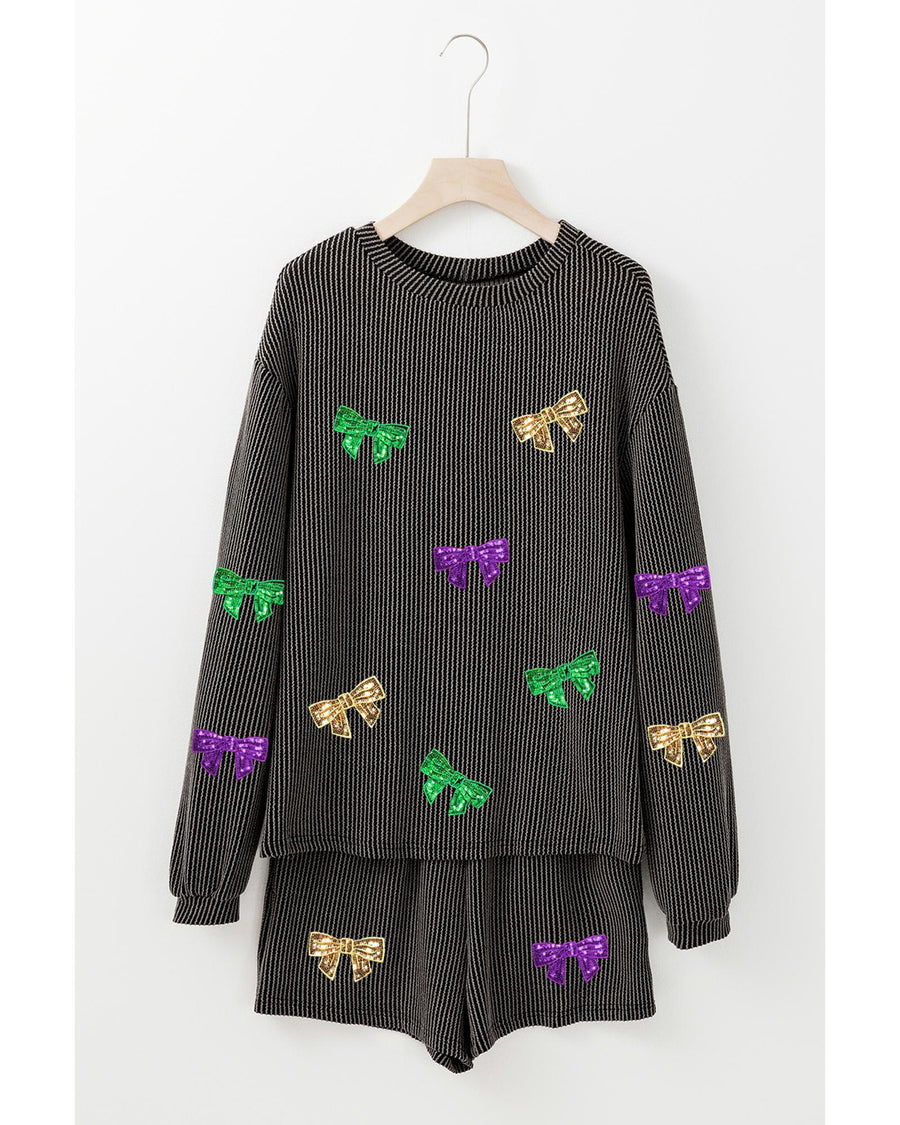 Carbon Grey Bowknot Patched Pattern Corded Long Sleeve Top and Shorts Outfit - S