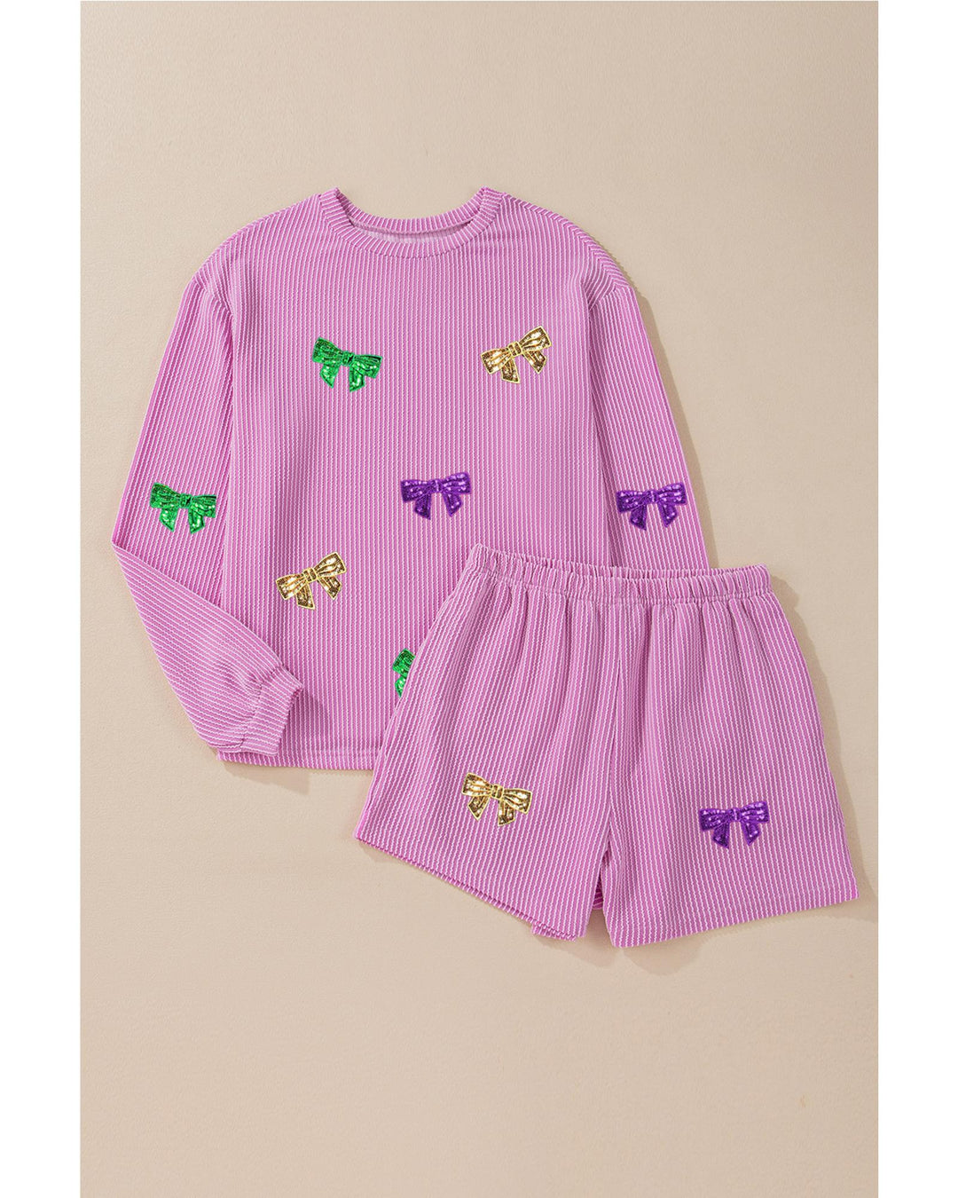 Phalaenopsis Bowknot Patched Pattern Corded Long Sleeve Top and Shorts Outfit - S