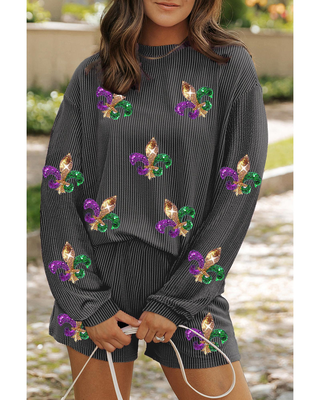 Carbon Grey Mardi Gras Fleur de Lis Patched Corded Long Sleeve Top and Shorts - S