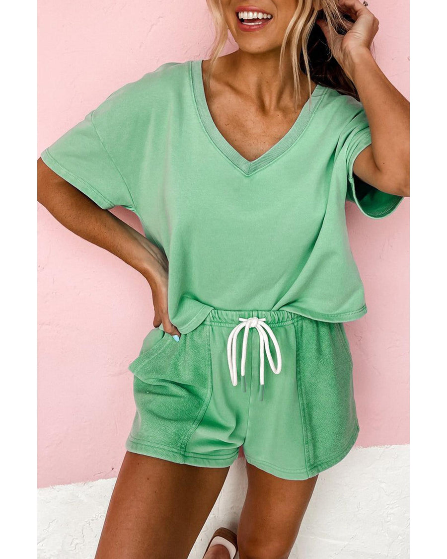 Mint Green V Neck Drop Shoulder Tee and Patchwork Drawstring Shorts Set - L