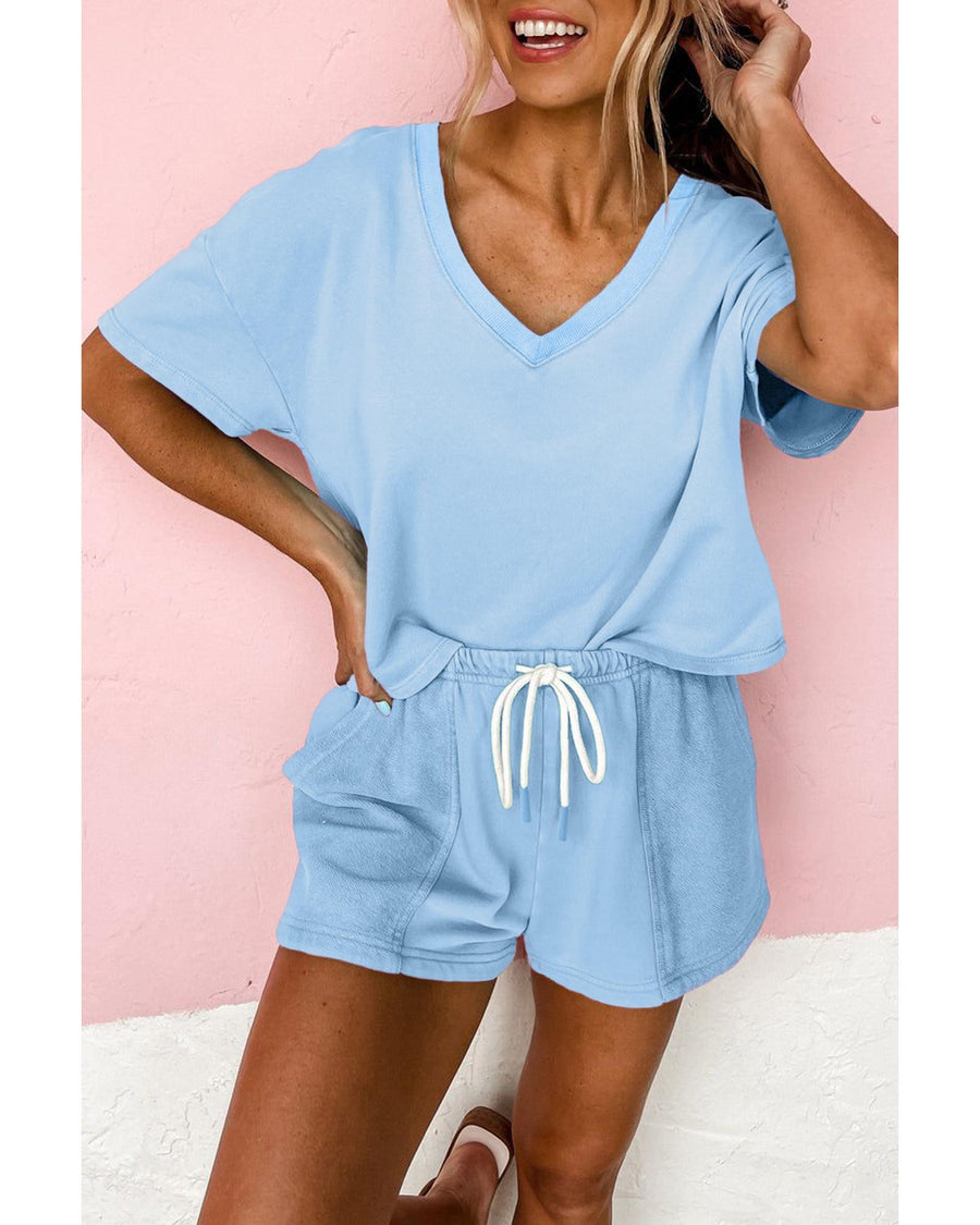 Myosotis V Neck Drop Shoulder Tee and Patchwork Drawstring Shorts Set - XL