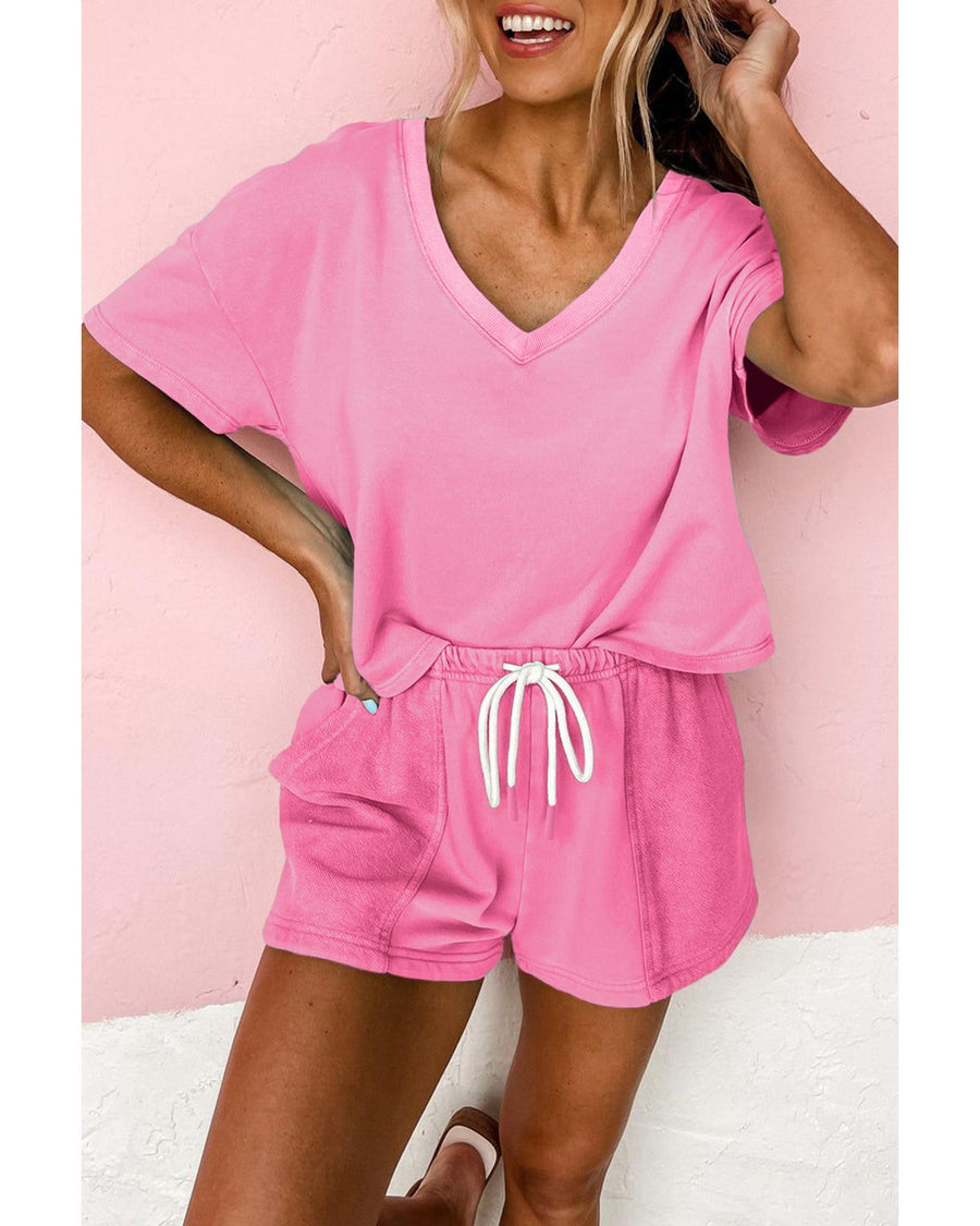 Bonbon V Neck Drop Shoulder Tee and Patchwork Drawstring Shorts Set - XL