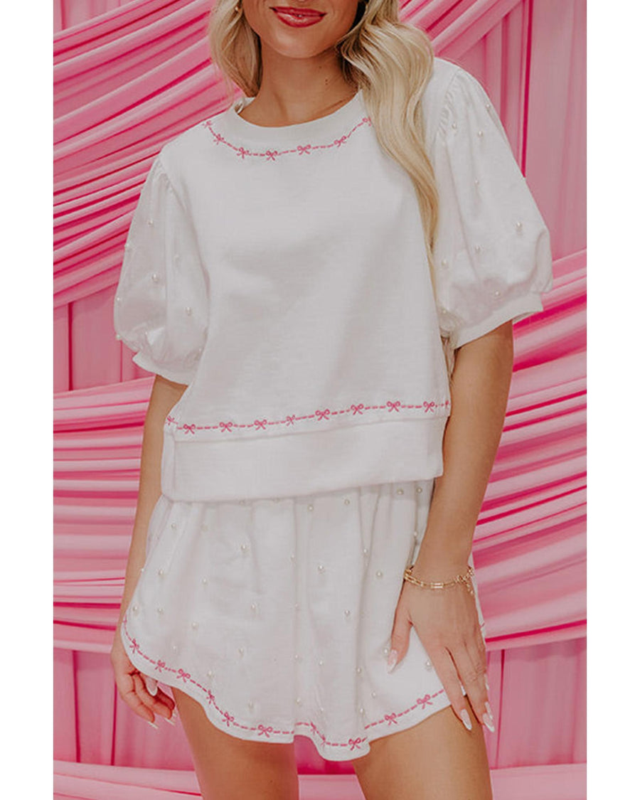 White Contrast Bow Trim Pearl Puff Sleeve Blouse and Skort 2pcs Set - XL