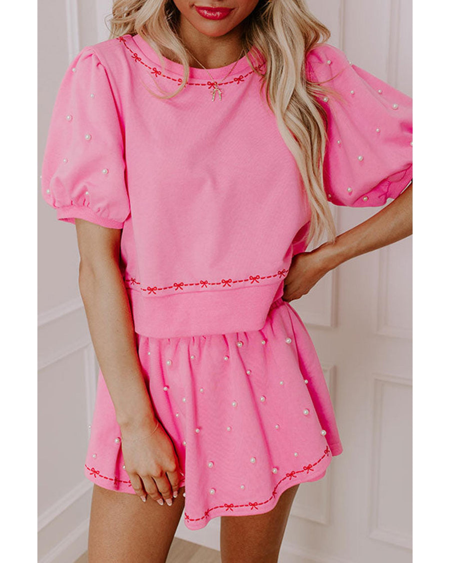 Pink Contrast Bow Trim Pearl Puff Sleeve Blouse and Skort 2pcs Set - L