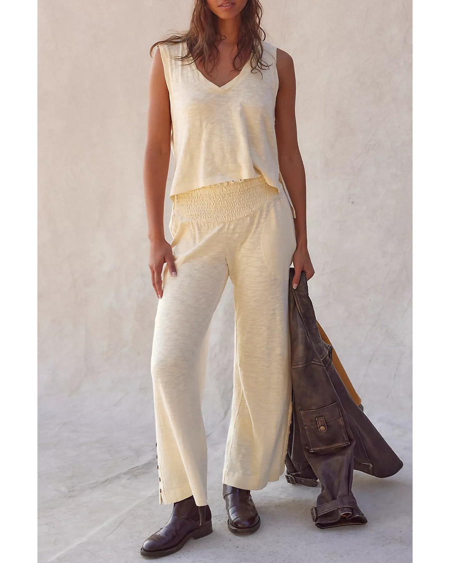 Beige Solid Color Tank Top and Smocked Waist Pants Set - XL