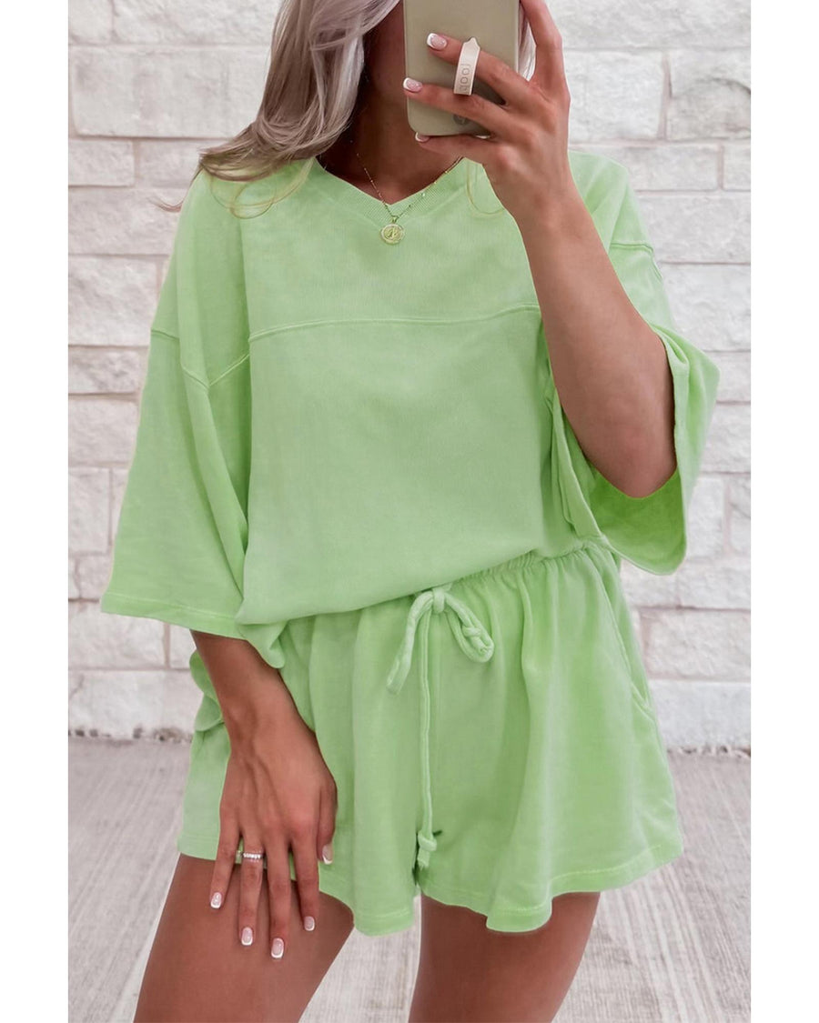 Meadow Mist Green Solid Loose V Neck Half Sleeve Tee and Shorts - S