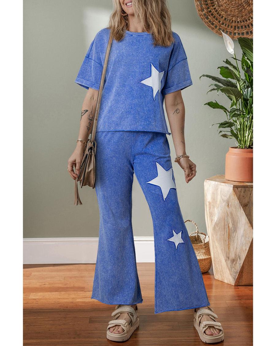 Ashleigh Blue Acid Wash Star Patched Rolled Trim Pants Set - M