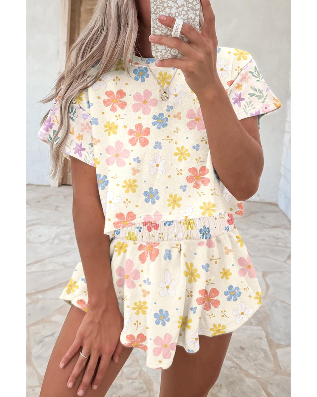 Apricot Floral Print Crop Top Wide Leg Short Set - XL