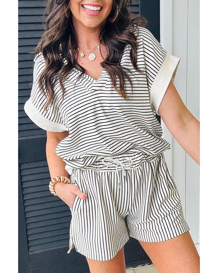 Black Stripe V Neck Tee and Casual Short Set - L