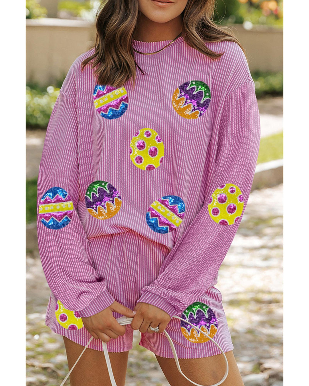 Phalaenopsis Easter Egg Patched Graphic Corded Long Sleeve Top Shorts Set - L