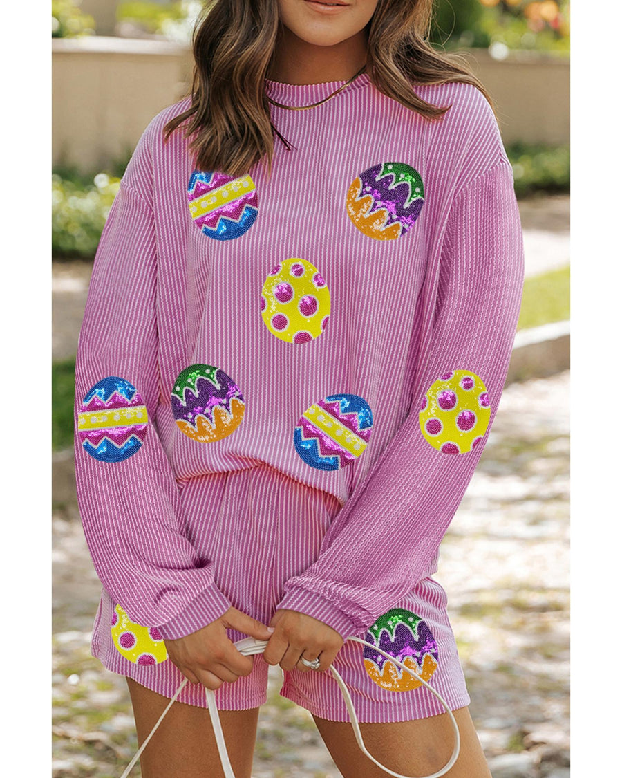 Phalaenopsis Easter Egg Patched Graphic Corded Long Sleeve Top Shorts Set - M