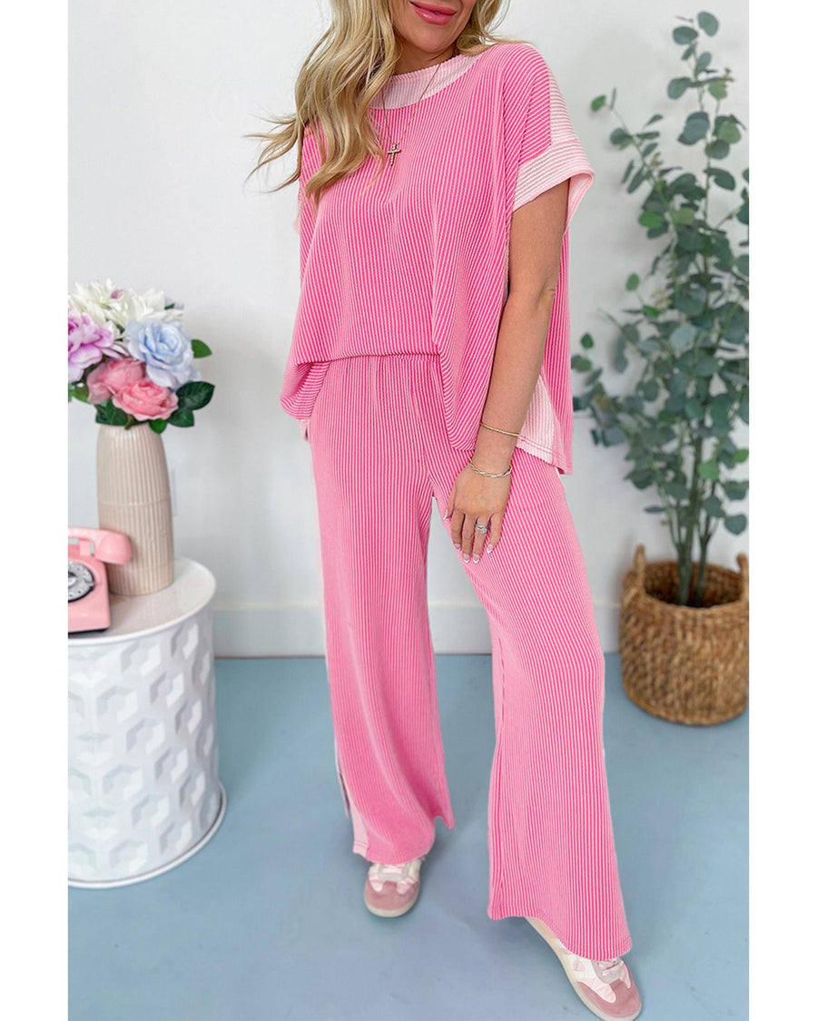 Sachet Pink 2-tone Colorblock Patchwork Corded 2pcs Outfit - L