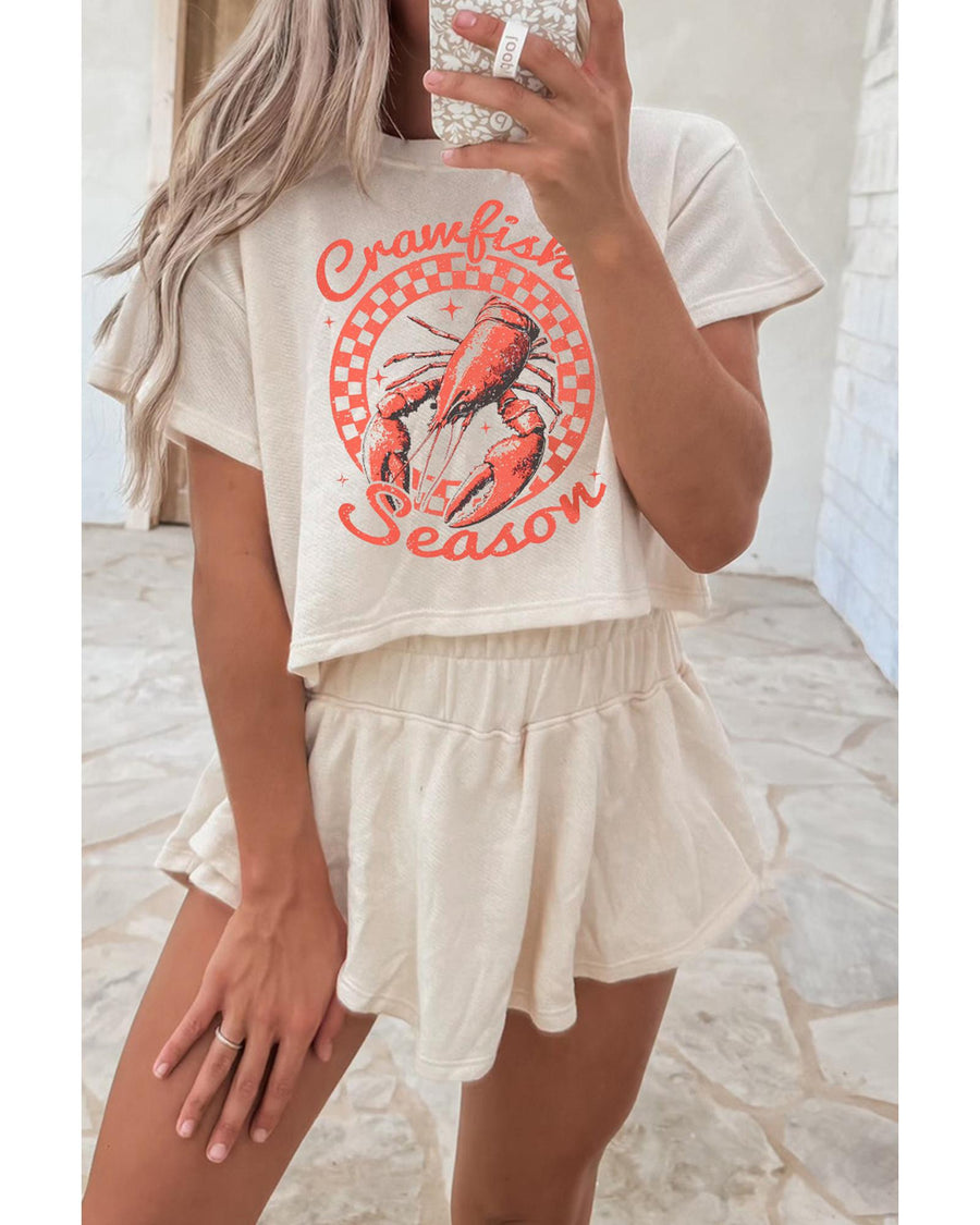 Beige Crawfish Season Print T Shirt and High Waist Ruffle Skorts Set - M