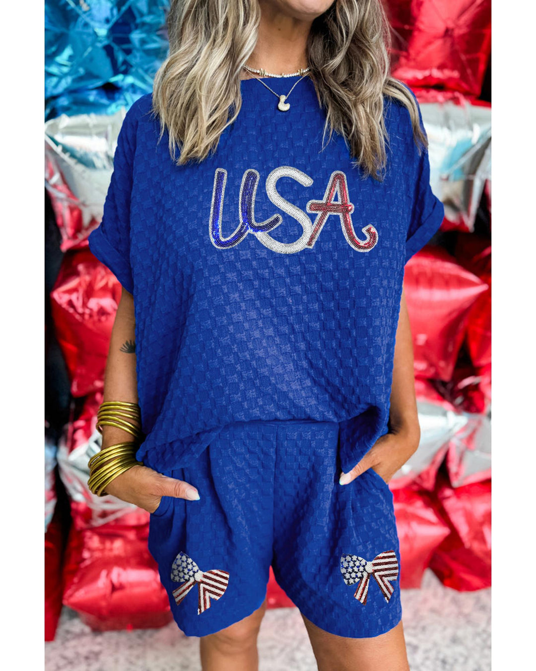 Sky Blue Sequined USA Bowknot Buttoned Back Textured Short Set - XL