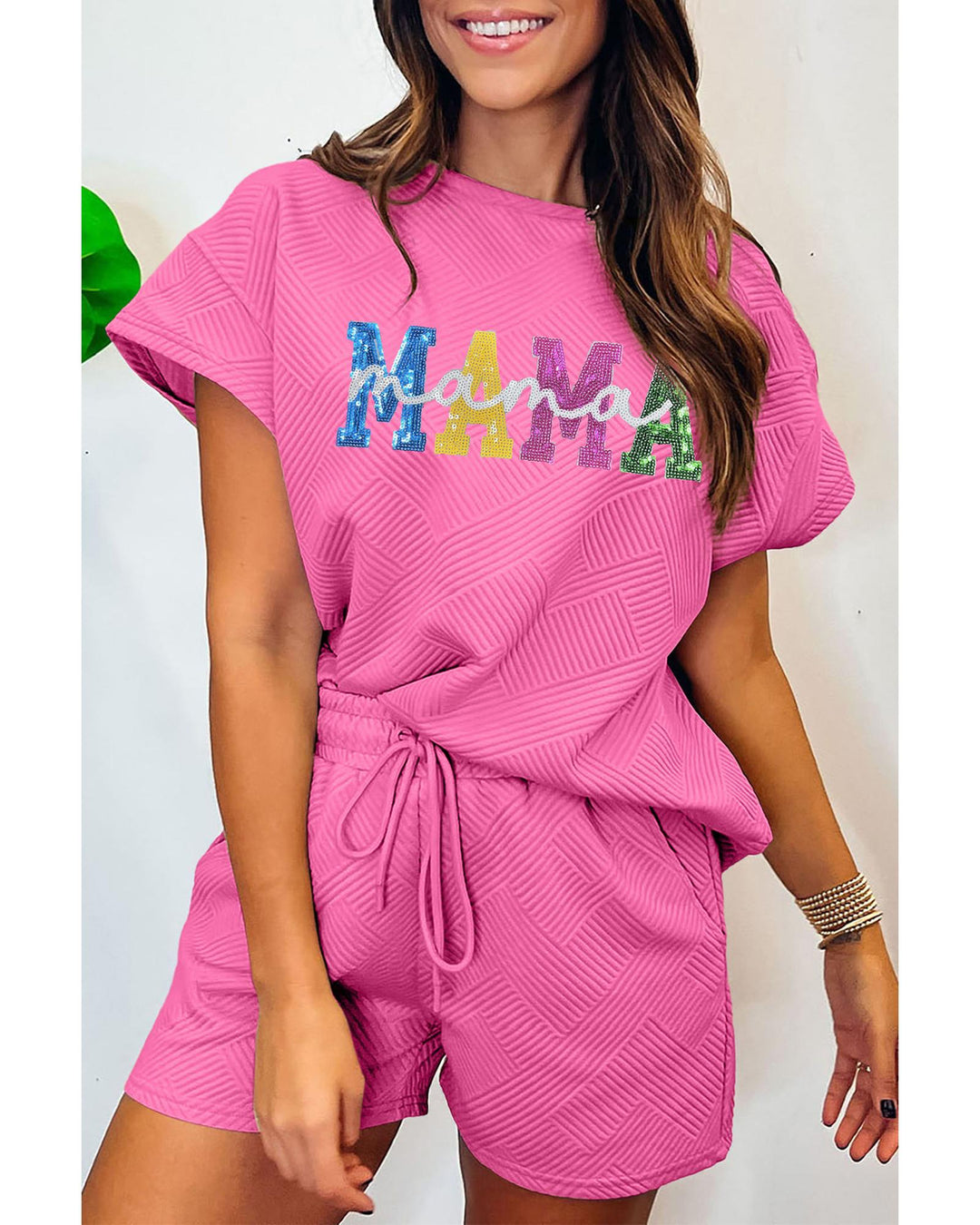 Strawberry Pink Sequined MAMA Letter Graphic Textured Short 2pcs Set - M