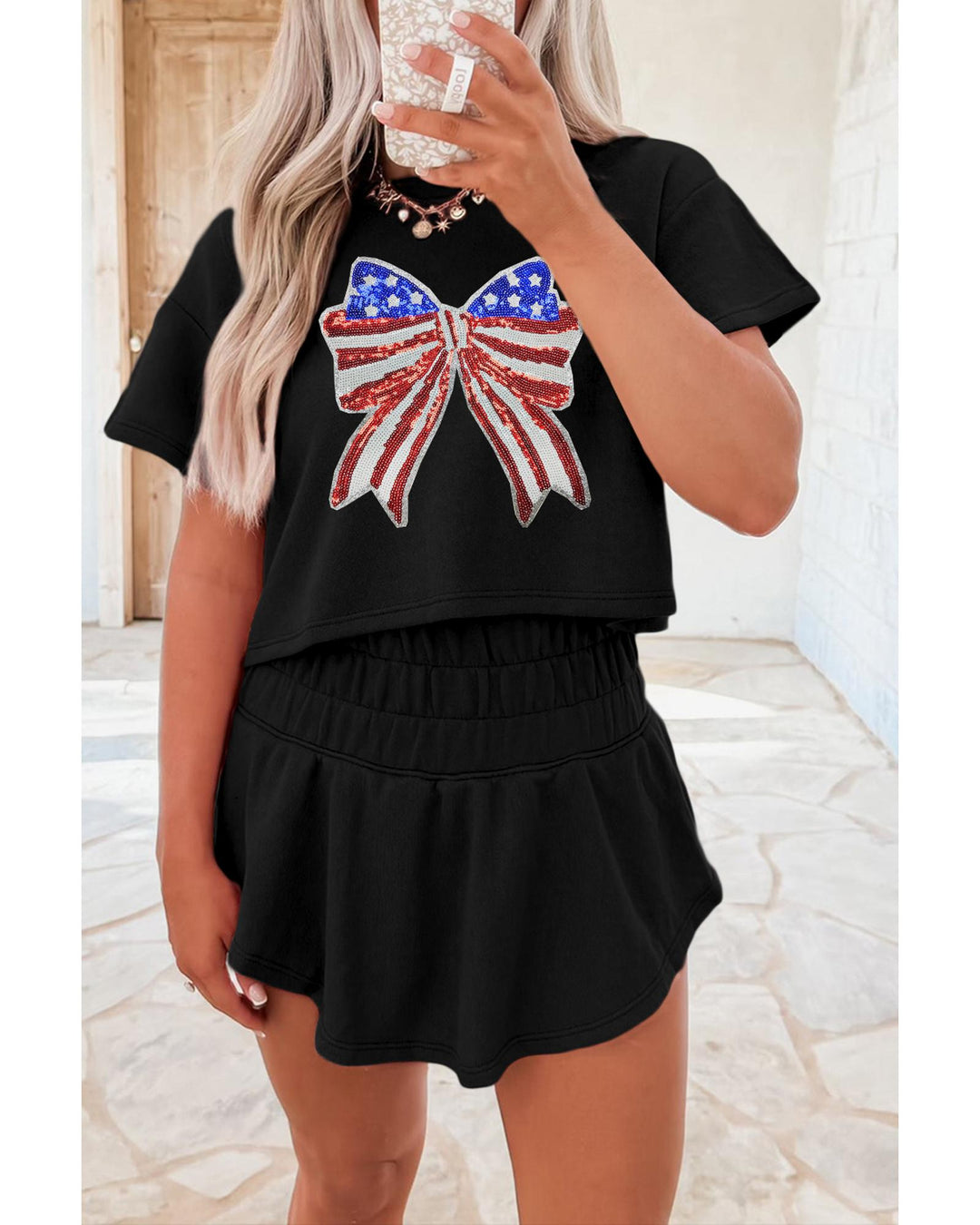 Black Sequined Flag Bow Pattern Short 2pcs Skort Set - L
