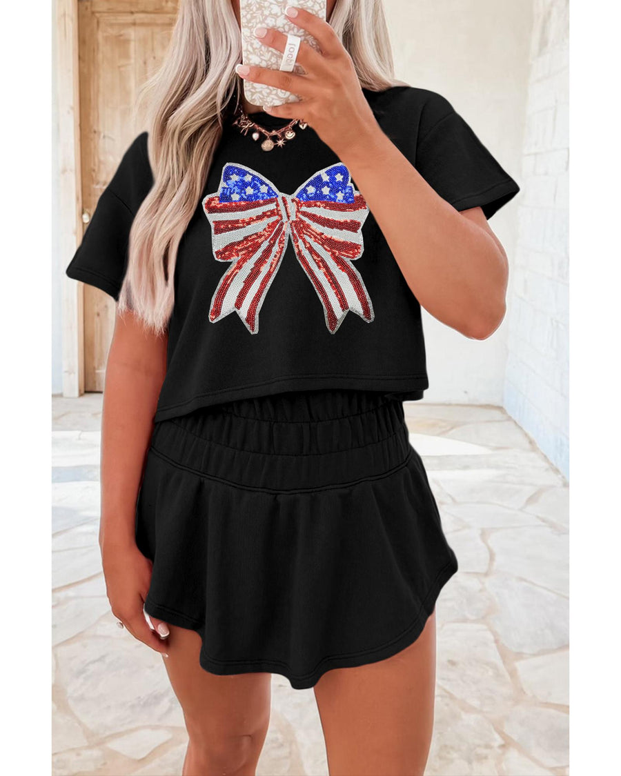 Black Sequined Flag Bow Pattern Short 2pcs Skort Set - L