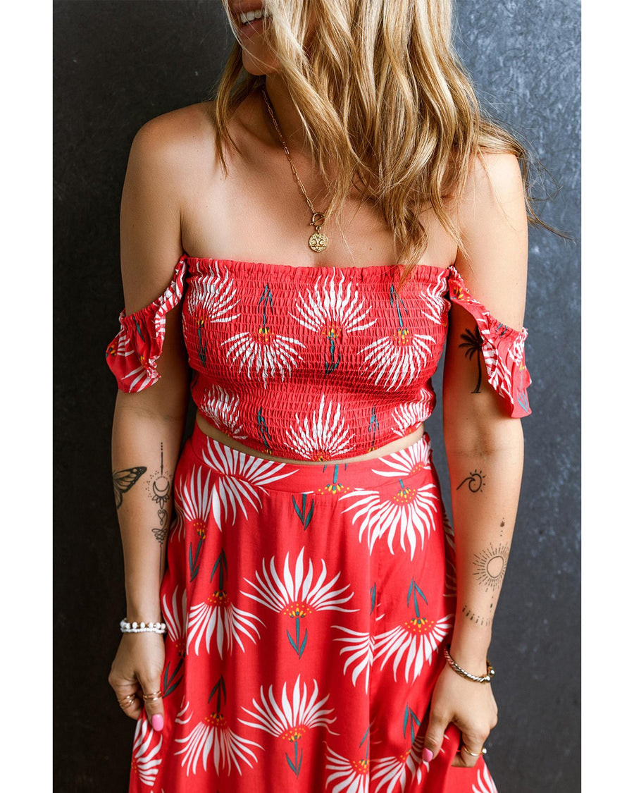 Red Floral Shirred Off Shoulder Crop Top and Slit Maxi Skirt Set - S