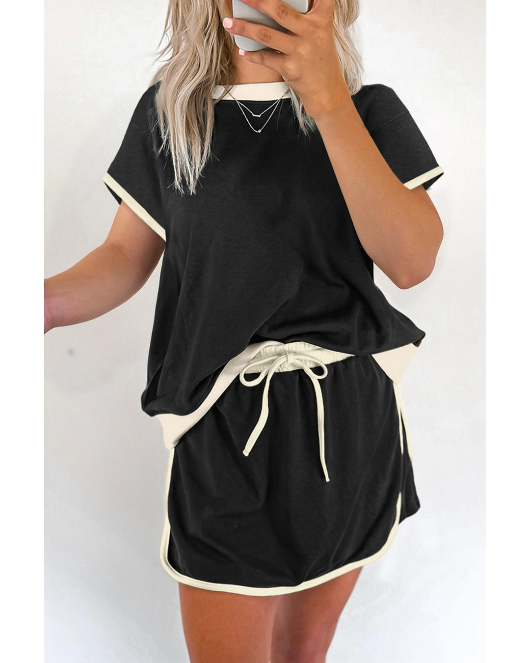 Black Colorblock Edge Drop Shoulder T Shirt and Skort 2Pcs Set - XL