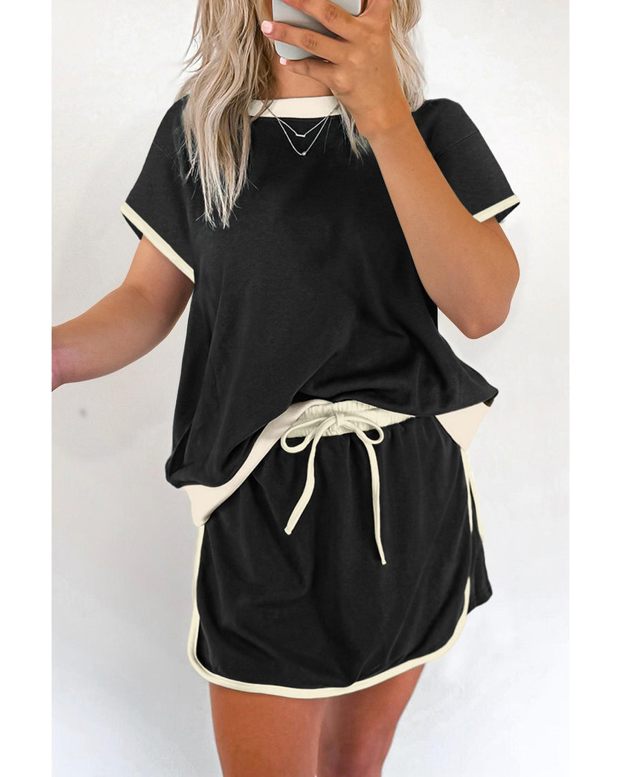 Black Colorblock Edge Drop Shoulder T Shirt and Skort 2Pcs Set - XL