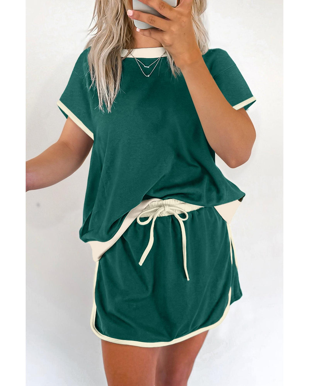 Evergreen Colorblock Edge Drop Shoulder T Shirt and Skirt 2Pcs Set - M